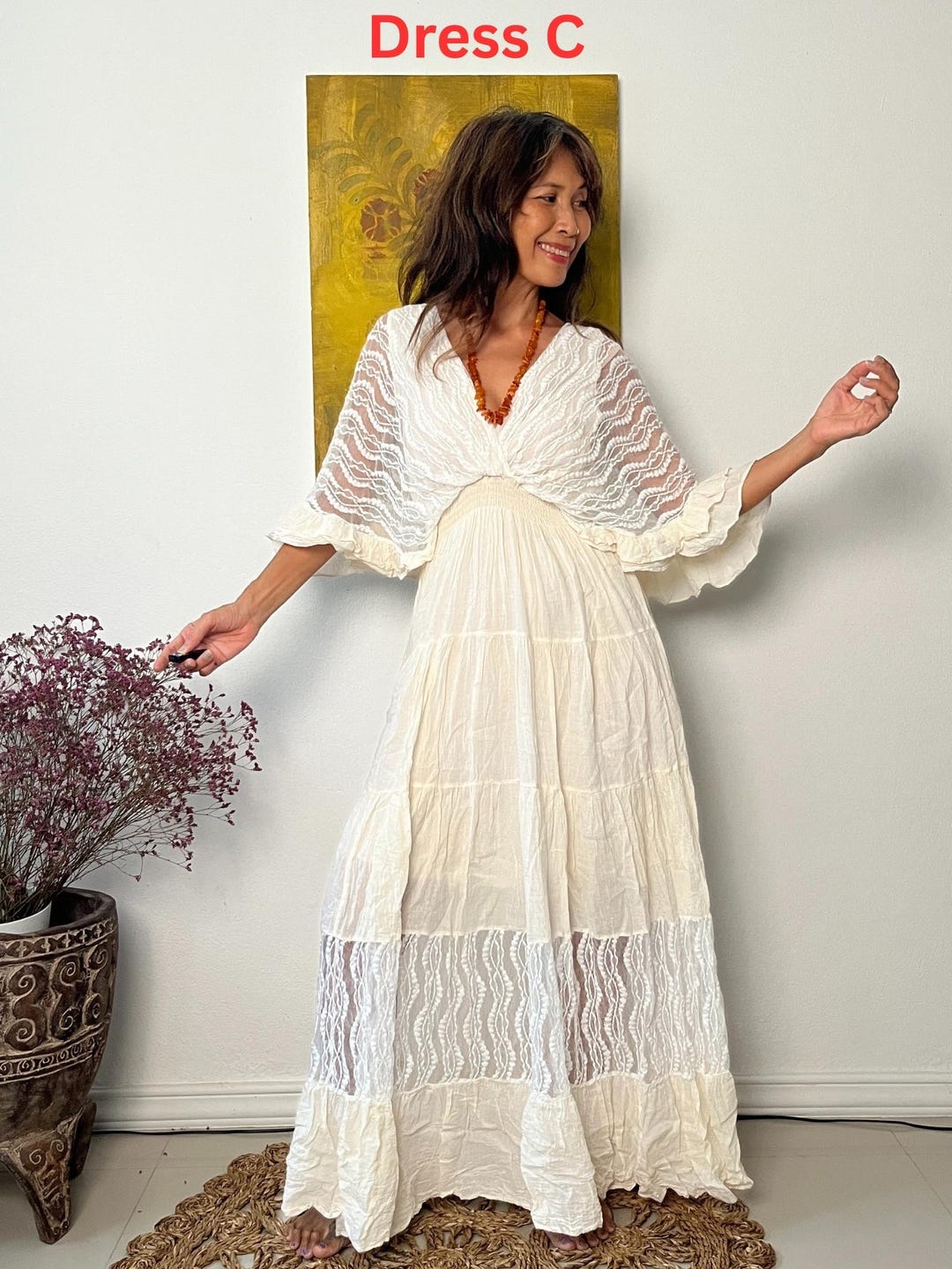 Boho Lace Trim Cotton Maxi Dress: Ruffle Sleeve Kaftan Wedding