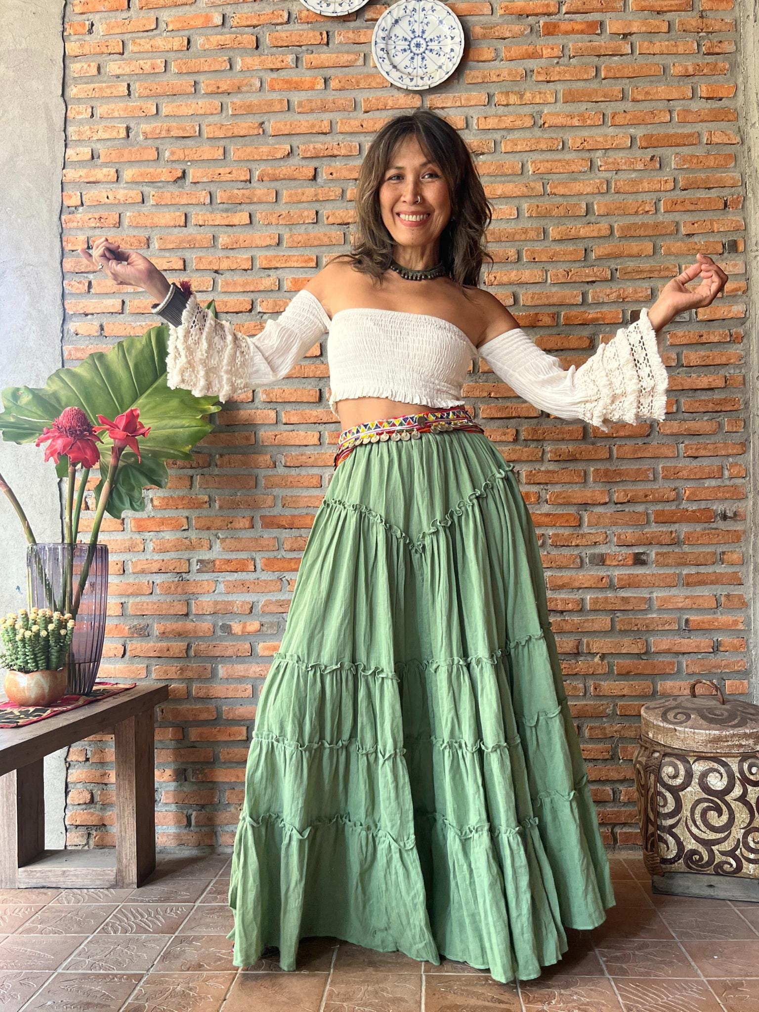Boho Lace Trim Maxi Skirt,2 Piece Set Top and Skirt,smocked Crop 