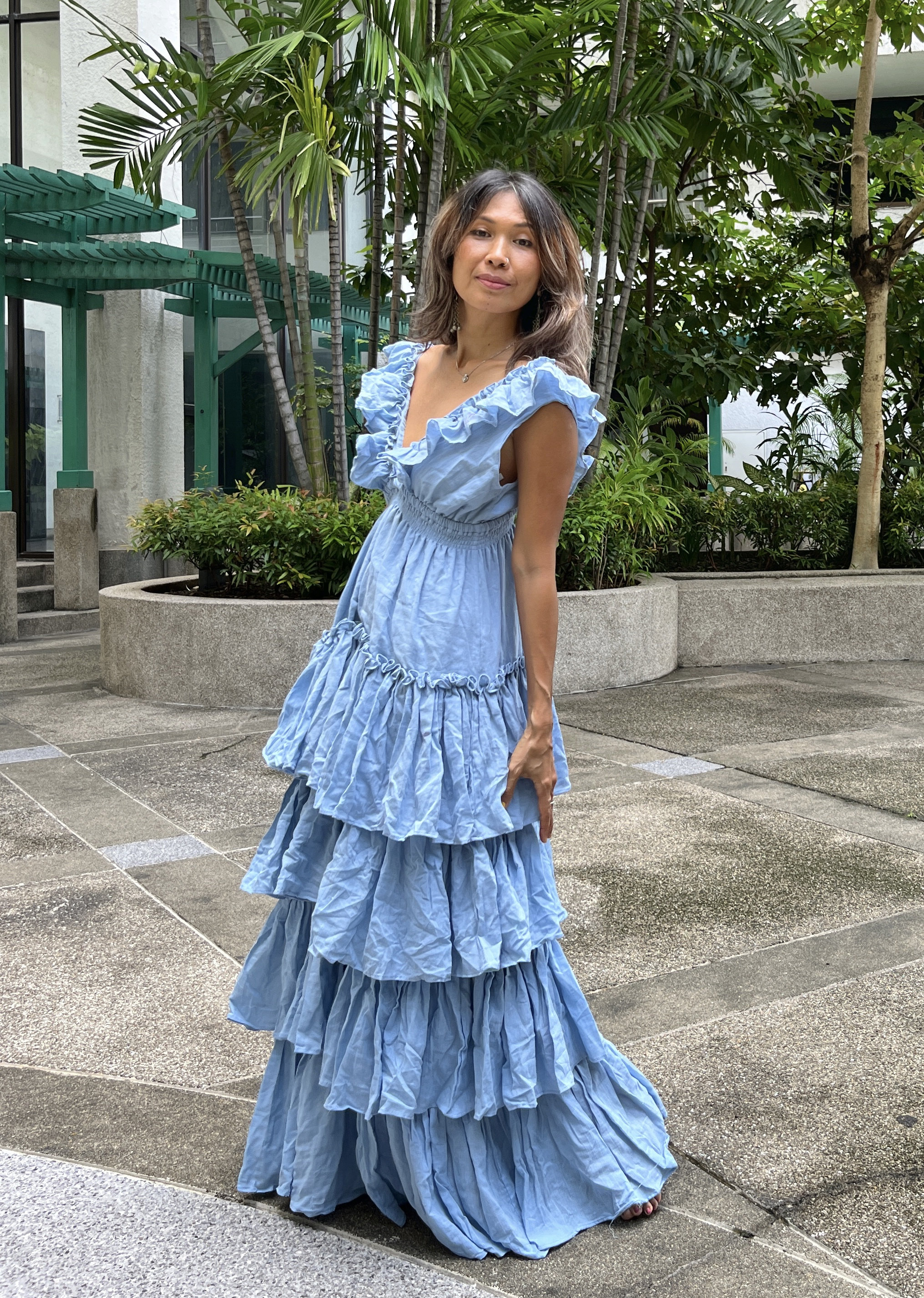 knee length dresses for ladies Blue Smocked Ruffle Layered Short Sleeve Tiered Maternity Maxi Dress –  PinkBlush main image 0