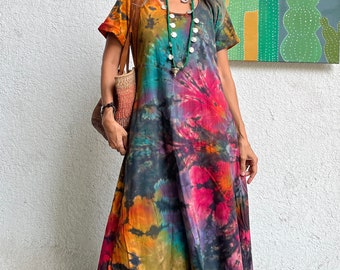 Boho tie dye Cutwork dress,Hippie tie dye dress,Tie dye colorful kaftan dress,Beach tie dye dress,Vacation Maxi dress,Cotton Tie dye dress.