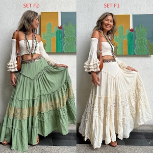 Boho green lace trim skirt,2 piece set top and skirt,Smocked top,Bell sleeves lace trim crop top,Maternity top and skirt for photoshoot.