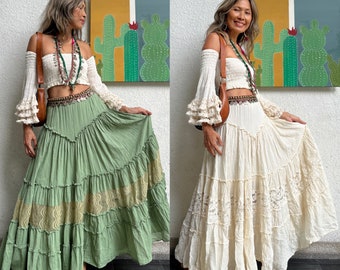 Boho green lace trim skirt,2 piece set top and skirt,Smocked top,Bell sleeves lace trim crop top,Maternity top and skirt for photoshoot.