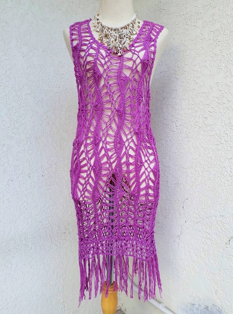 Light Purple Macrame Woven Crochet Dress with Fringe Beach Bikini Cover up Holiday Vacation Festival Dress.
