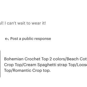 May include: A cream-coloured bohemian crochet top with spaghetti straps. The top is part of a customer review, with text that reads, "Absolutely beautiful! I can't wait to wear it!"