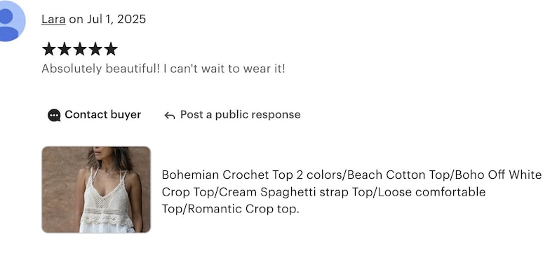 May include: A cream-coloured bohemian crochet top with spaghetti straps. The top is part of a customer review, with text that reads, "Absolutely beautiful! I can't wait to wear it!"