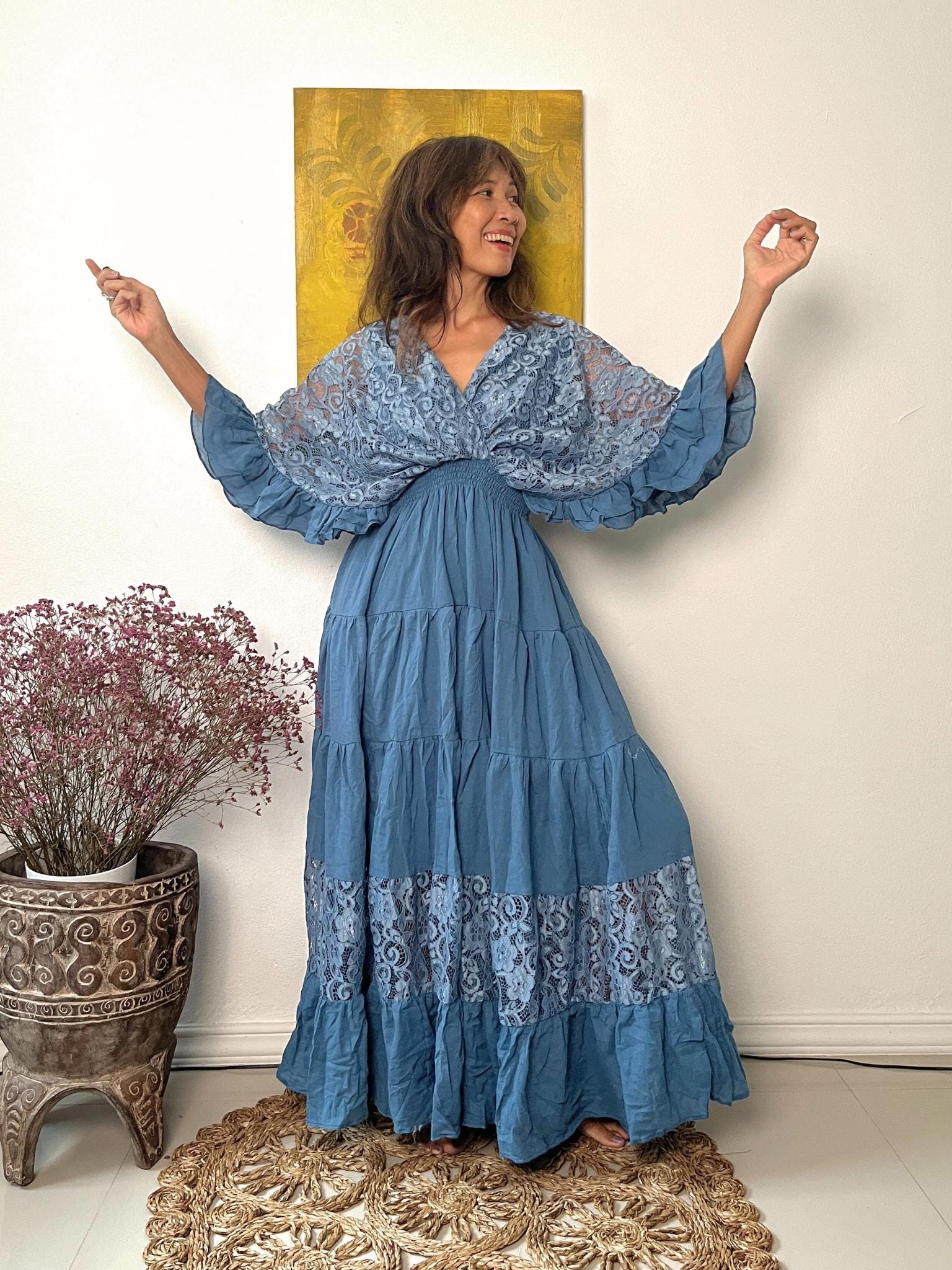 blue lace boho dress Trim Kaften,Boho 35cm/ 13.5XL D031A The Back of Nicole Size:Lg