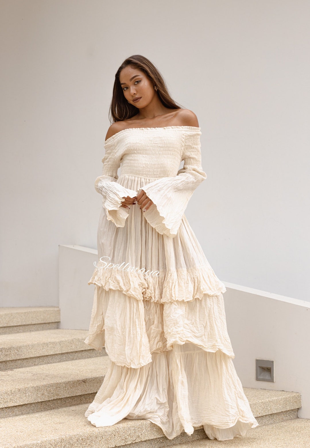 Boho Ruffle off White Maxi Dress,boho Wedding Dress,layered Maxi