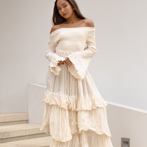 Boho Ruffle Off White Maxi Dress,Boho Wedding Dress,Layered Maxi Dress,Smocked maxi Dress,Off Shoulder maxi dress,Maternity photoshoot dress