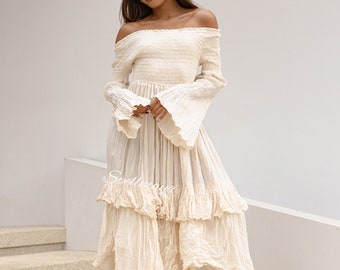 Boho Ruffle Off White Maxi Dress,Boho Wedding Dress,Layered Maxi Dress,Smocked maxi Dress,Off Shoulder maxi dress,Maternity photoshoot dress