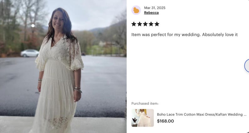 May include: A woman wearing a white lace maxi dress with a V-neckline and 3/4 sleeves. The dress has a flowy, bohemian style and is perfect for a wedding or other special occasion.  Item was perfect for my wedding. Absolutely love it. Purchased item: Boho Lace Trim Cotton Maxi Dress/Kaftan Wedding.... $168.00