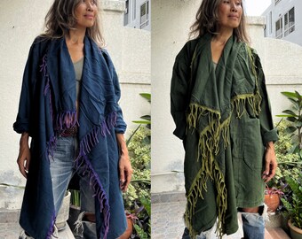 Handmade Boho Fringe Duster,Hippie Cotton Fringe Wrap Jacket,Green Fringe Jacket,Cotton Fringe Kimono,Gypsy fringe Jacket,Unisex Cardigans.