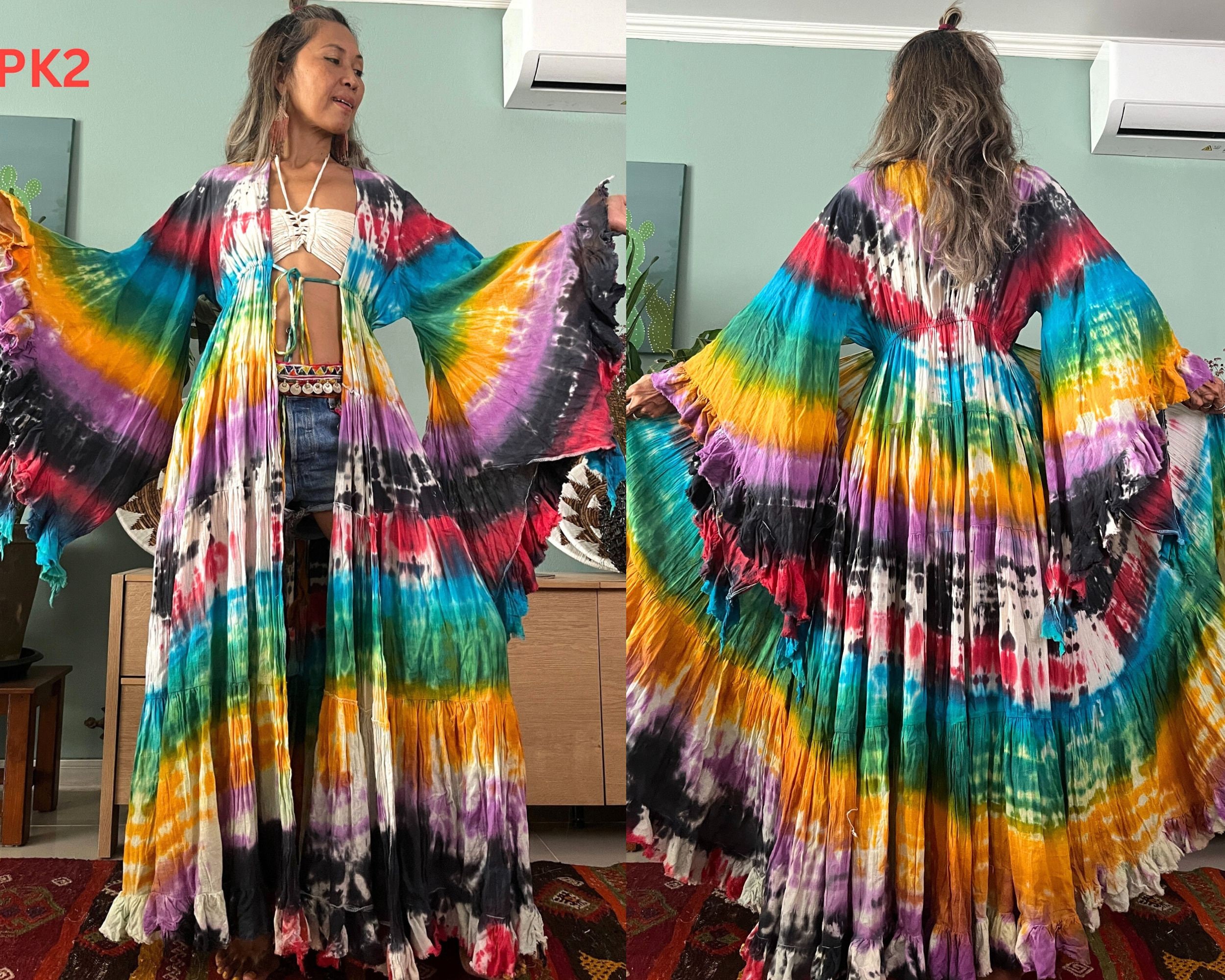 Boho Tie dye Kimono,Hippie Tie Dye Wide Sleeve Kimono,Maxi Ruffled Duster Festival Tie dye Cardigan,Maternity Tie dye Kimono for Photoshoot.