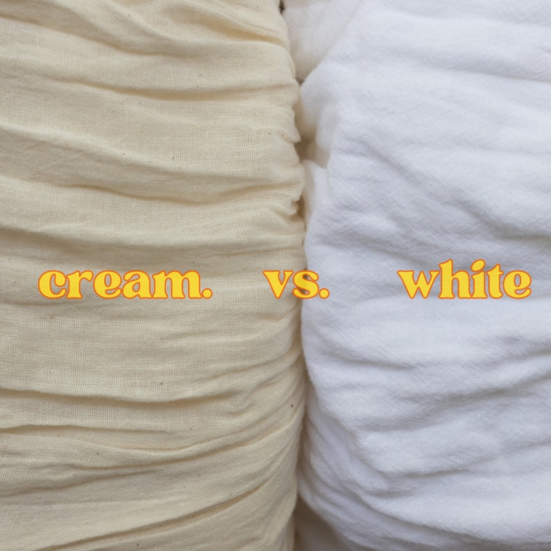 May include: Close-up of two fabric swatches, one cream and one white, side-by-side. The text "cream. vs. white" is printed in yellow on the fabric.