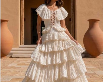 Bohemian Lace Up Wedding Dress,Boho Ruffle Smocked maxi dress, Off shoulders maxi dress,Boho Layered maxi dress,Maternity maxi dress.
