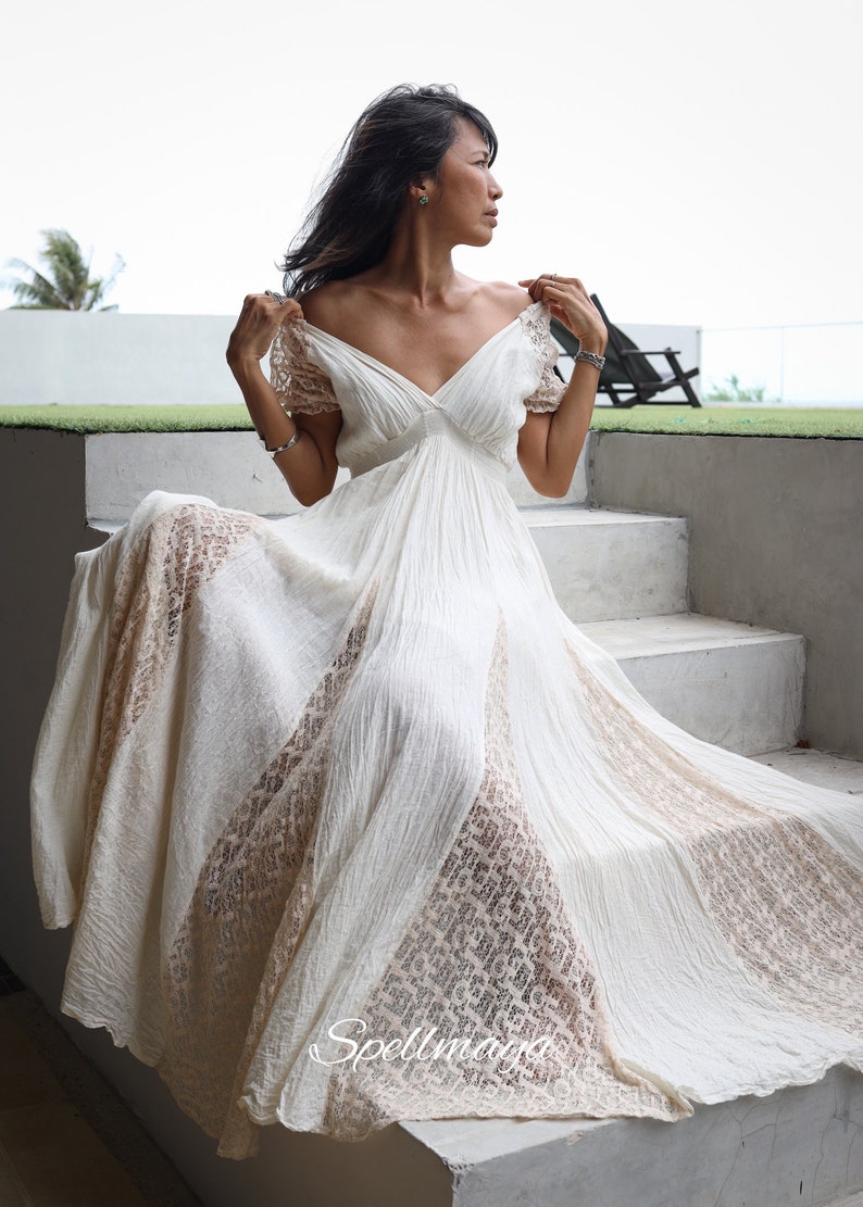 Boho Lace Maxi Dress Raw Cotton Gown Romantic Maxi White Etsy | Free ...