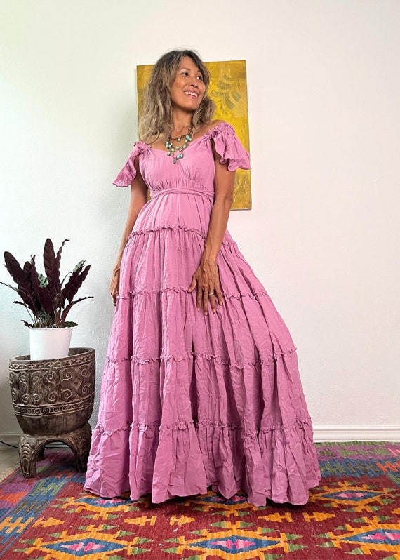 Boho Ruffled Maxi dress,Cotton Cream Wedding Dress,Rose Maternity for Photoshoot Maxi Dress,Beach Wedding Dress,Pink v neck maxi dress