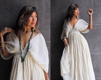 Vestido bohemio con escote en V profundo, vestido hippie de algodón, vestido de novia bohemio blanco roto, vestido de novia bohemio, vestido gitano de algodón crudo, vestido sexy fruncido