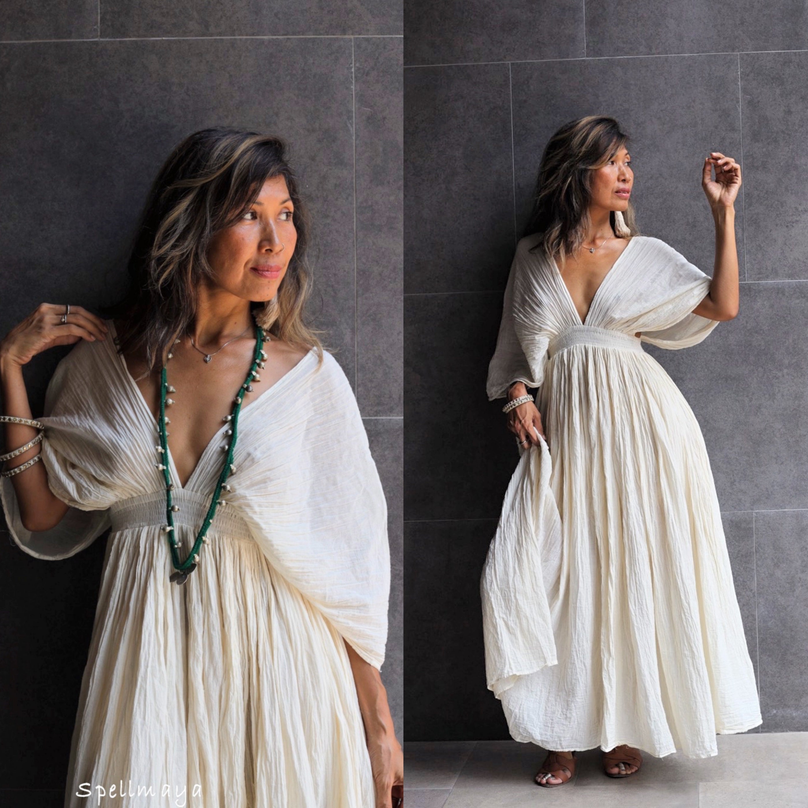 white cotton gypsy dress Bohemian Deep V Neck Dress,hippie Cotton Dress,boho off White Wedding Dress,bohemian  Wedding Dress,gypsy Raw Cotton Dress,sexy Smocked Dress