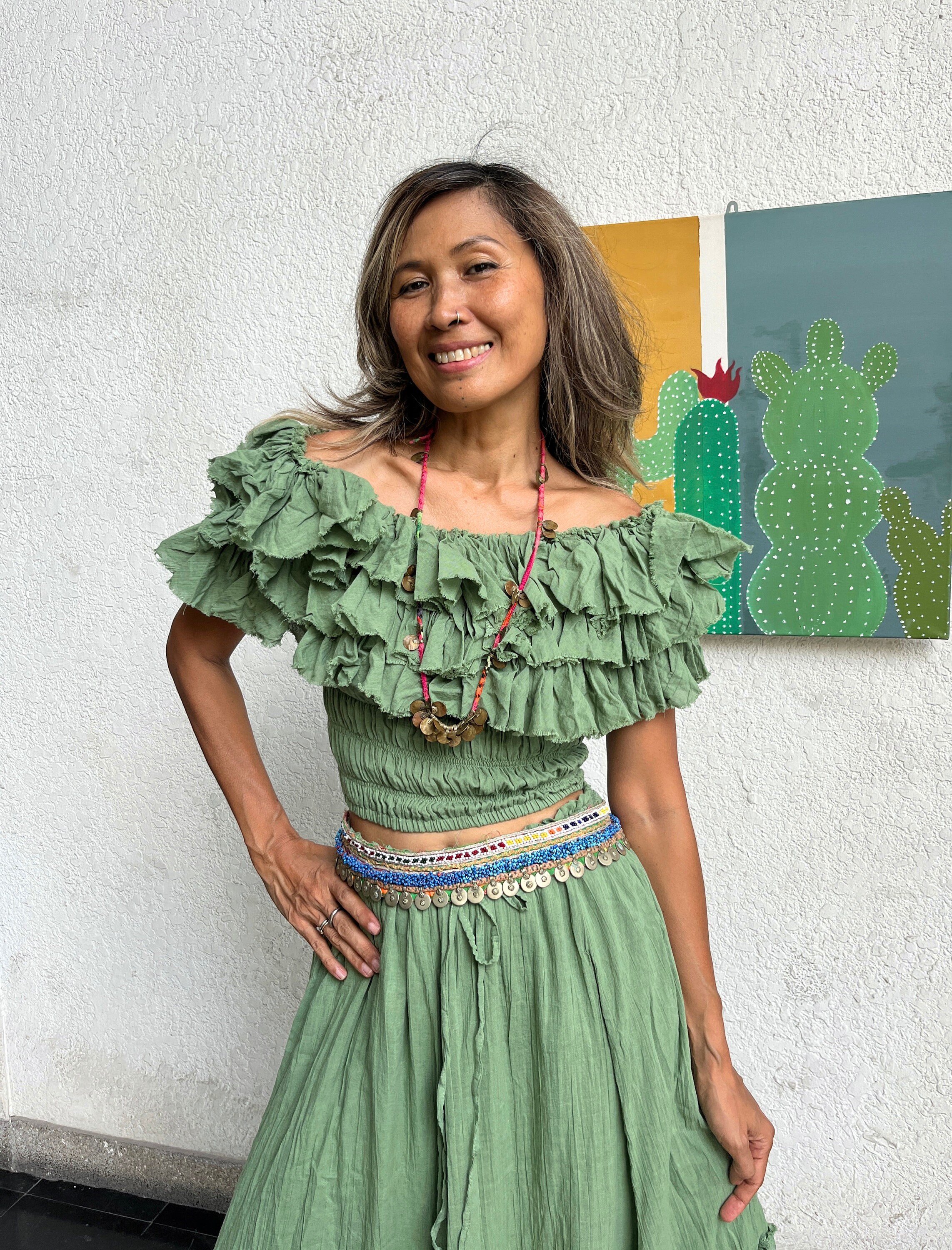 Boho 2 Piece Set Ruffle Top and Skirt,cotton off Shoulder