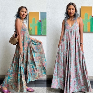 Boho Seide Paisley Maxikleid mit mehreren Farben, Block Gedrucktes Blumenkleid mit V-Ausschnitt, Spaghetti-Trägern Maxikleid, Umstandskleid, Strandblumenkleid