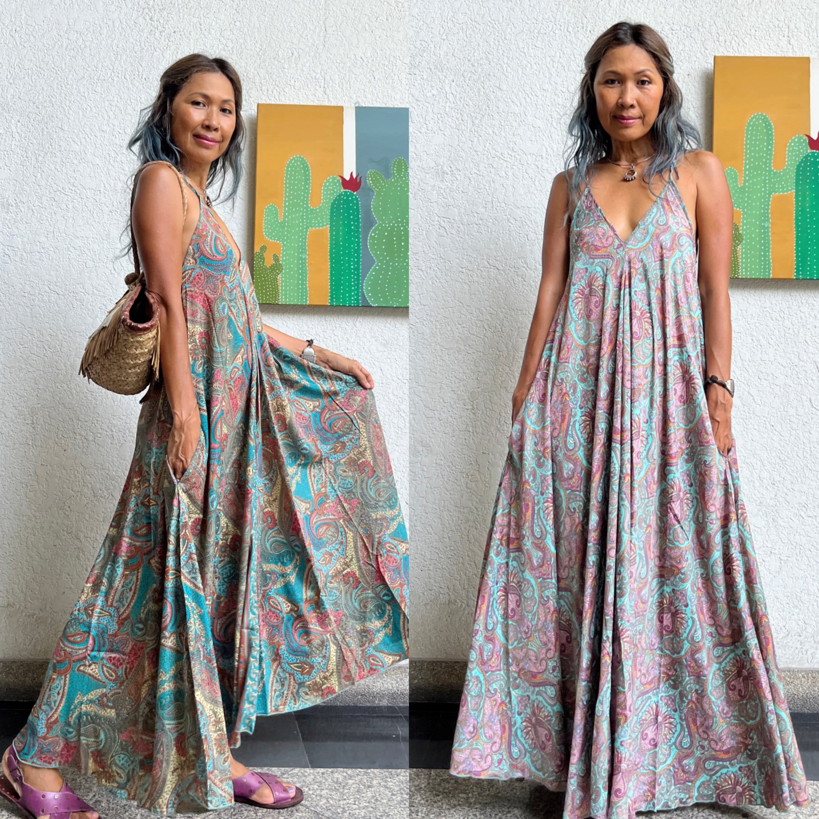 SpellMaya Boho Multiple Color Silk Paisley Maxi Dress Block Printed Floral V Neck Dress Spaghetti Straps Maxi dress Maternity dress Beach Floral Dress