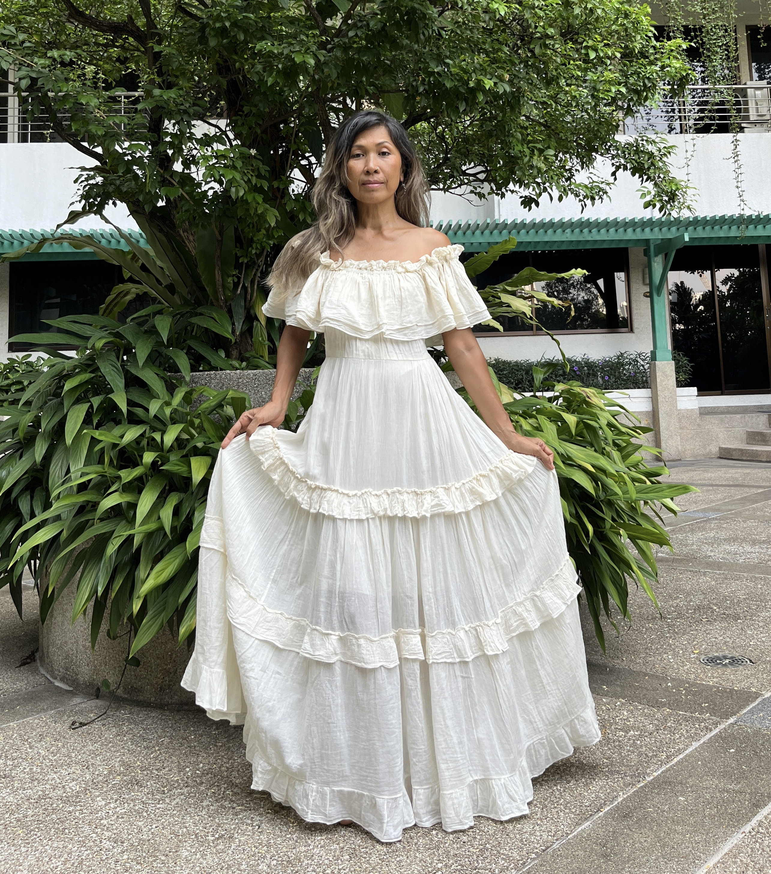 cream colored boho dress Boho Off Shoulder Tiered Maxi Dress for Women - Cream Puff Sleeve Flowy  Long Gown