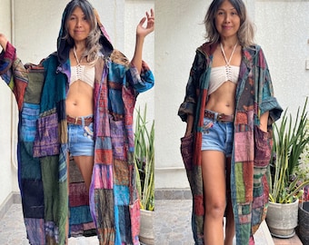 Boho Patchwork Long Jacket with Pocket and Hoody Patchwork Soft Comfy Boho light jacket,Hoodie Patchwork long cardigan,Hippie Duster.