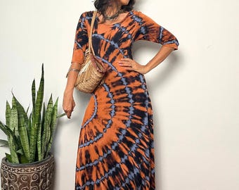 Vestido largo estilo boho tie-dye con mangas tres cuartos, espalda con cordones, tejido elástico grueso, vestido hippie para festivales, vestido tribal boho para la playa.