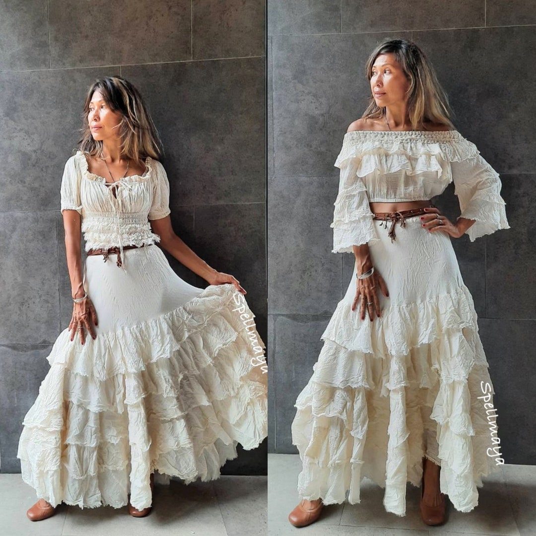Boho Two Piece Ensemble With Ruffled Chiffon Blouse And Striped Maxi Skirt For Autumn