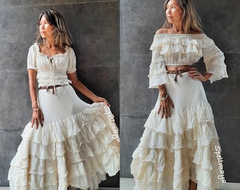 Boho 2 pieces Wedding set ,Ruffle Maxi Skirt,Boho Layered Skirt,Cream Cotton Skirt,Photoshoot outfits,Maternity for Photoshoot 2 piece set.