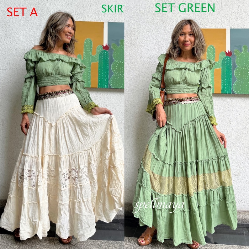 May include: Two women wearing matching outfits. The outfit on the left is a white top and skirt with lace trim. The outfit on the right is a green top and skirt with lace trim. Both outfits have a ruffled neckline and long sleeves. The text "SET A" is in the top left corner of the image. The text "SKIRT" is in the top center of the image. The text "SET GREEN" is in the top right corner of the image.