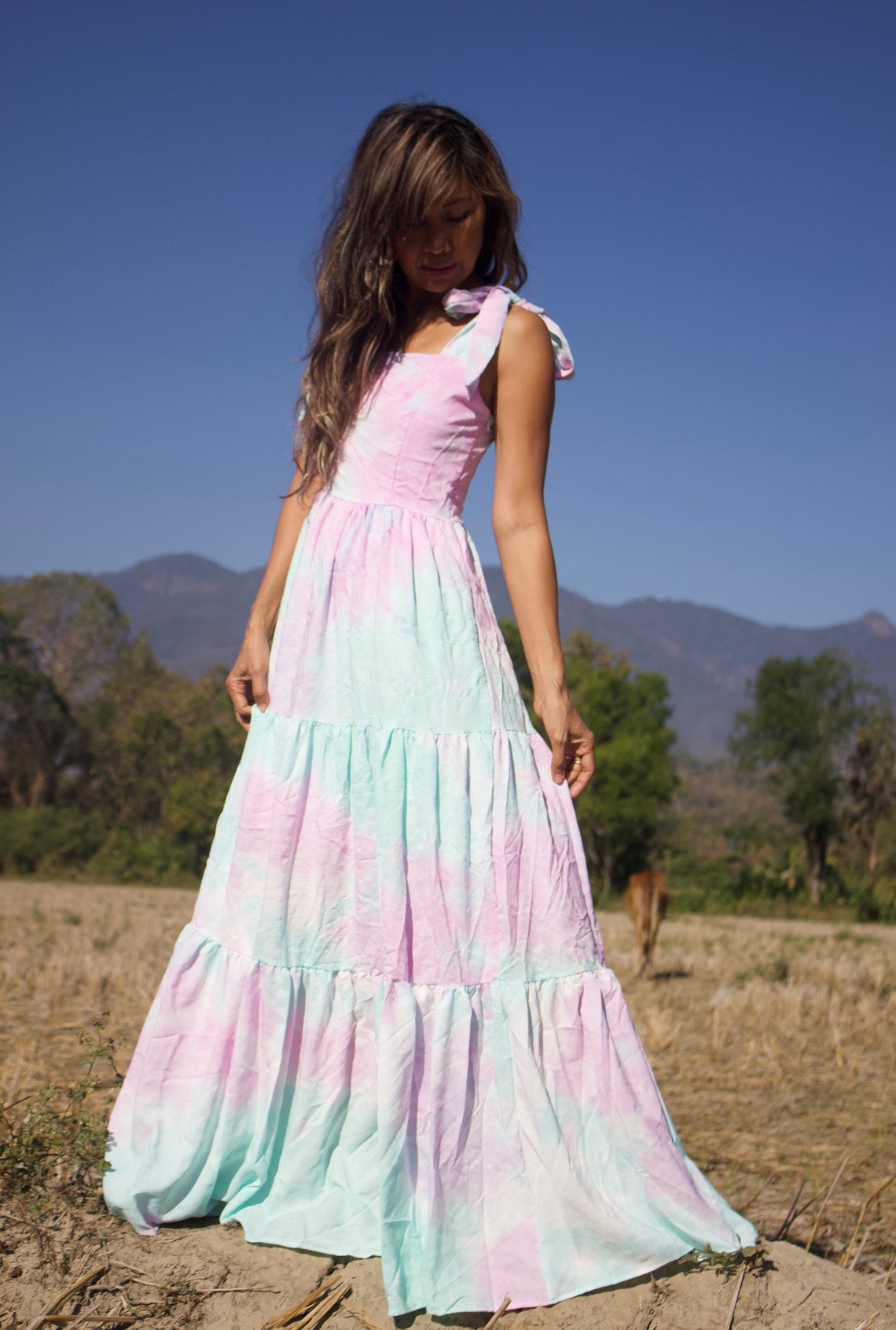 Tande Peasant bohemian maxi dress in green.