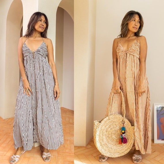 Cute and Comfortable Boho Stripe Beach Maxi Dress With Ribbon Tie