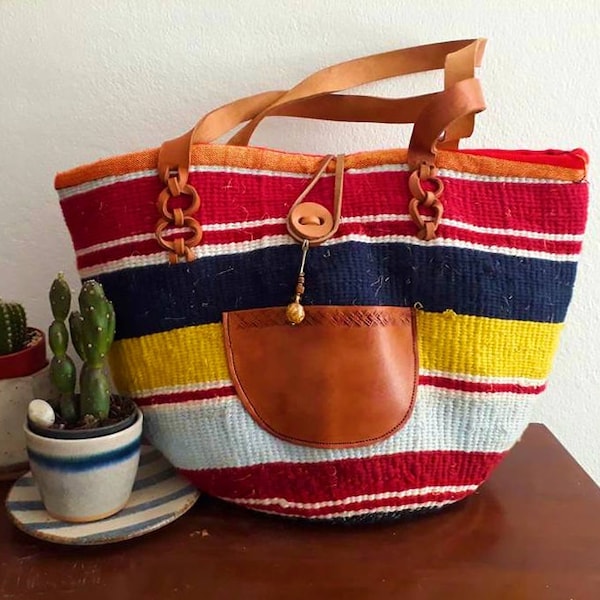 Vintage Navajo Woven Tote Bag/Leather Woven Bag/Women's Handbag/Large Southwestern Shoulder Bag Western Wool Tapestry Bag