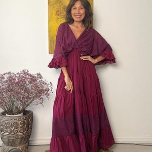 Vestido largo estilo caftán bohemio de algodón con ribete de encaje color vino tinto, vestido de maternidad Red wine/ express