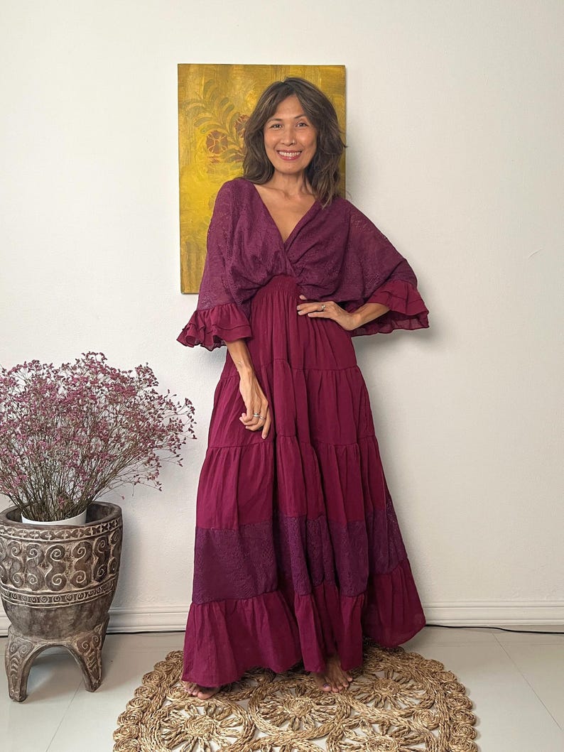 Vestido largo estilo caftán bohemio de algodón con ribete de encaje color vino tinto, vestido de maternidad Red wine/ express