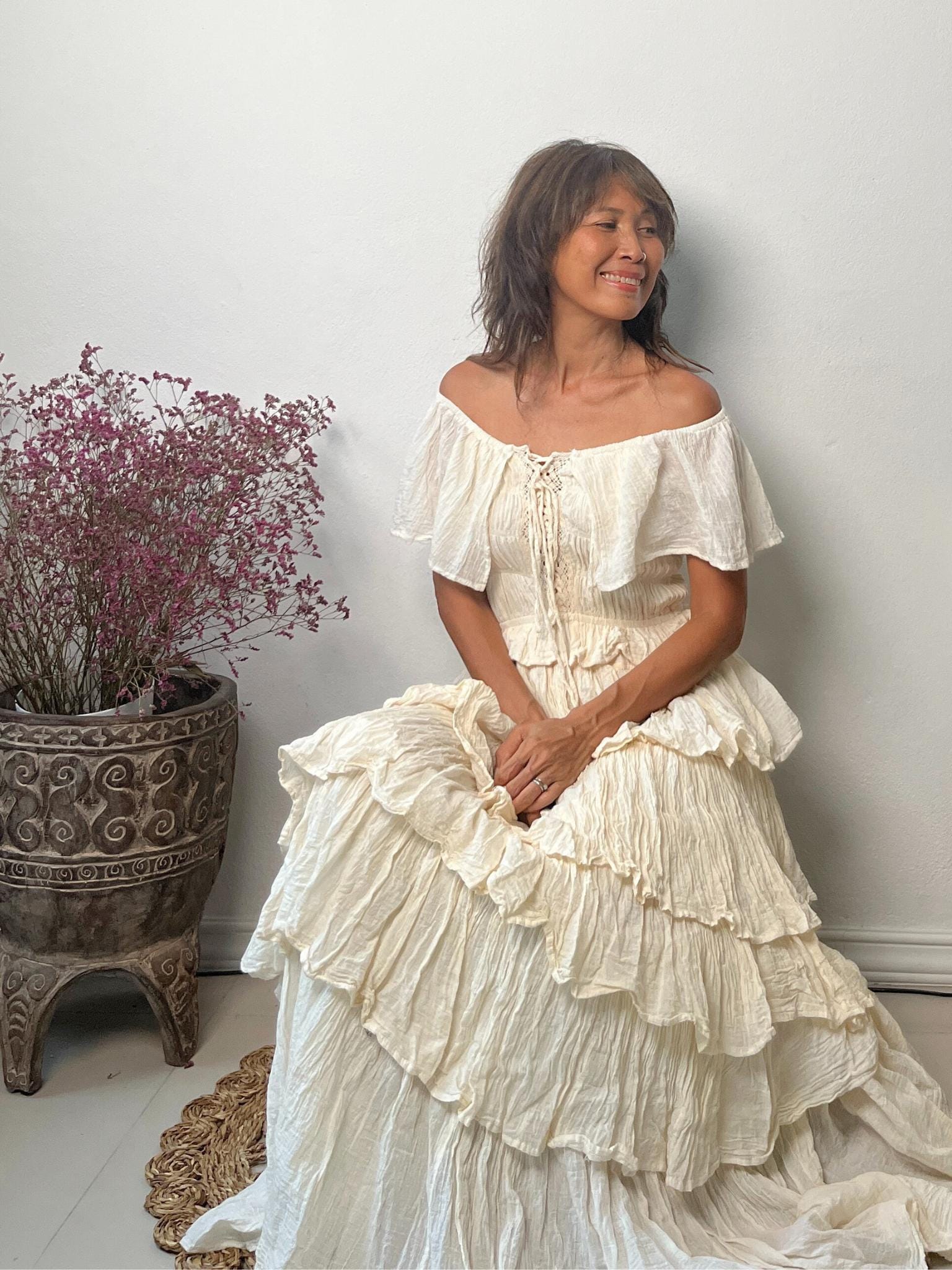 solid lace-up off shoulder ruffles ruched dress Lola Ruffle Shoulder Ruched Dress Textured White