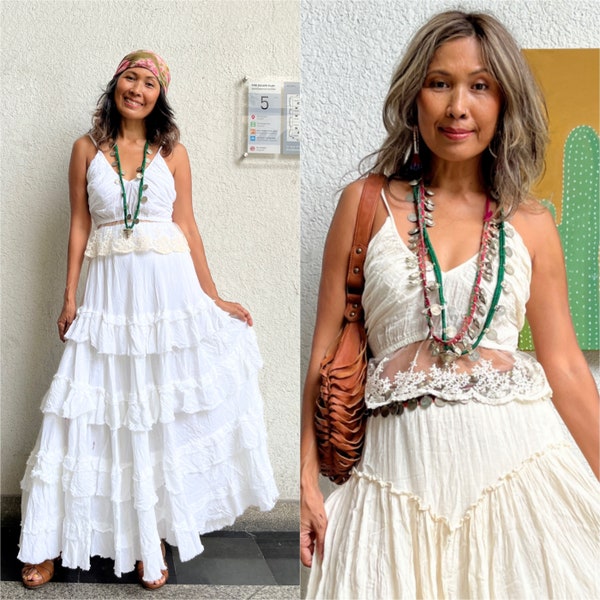 Boho 2-delige set in rok, katoenen maxirok met ruches, boho halter crop top, katoenen kanten top met spaghettibandjes, witte crop top, gesmokte top.