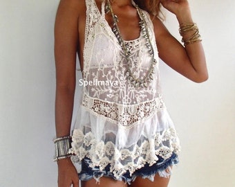 Sheer  Lace Tank Top /Boho Lace Top/ Romantic Lace top/Swim suit cover up./Bikini cover up,Mesh lace Tank/Lace Tank Top/Sheer lace Cream Top