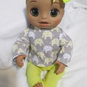 Doll Clothes for Baby Alive as Real as can Be OOAK 3Pc. "Little Elephants" Outfit Long Sleeved Top Pants Headband Set