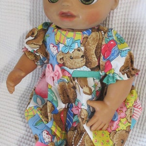 Girl Doll Dress Outfit Puff Sleeved &quot; Bears Tea Party&quot; Dress Headband and Socks Set Fits 14-16&quot; Baby Dolls Like Baby Alive Bitty Baby