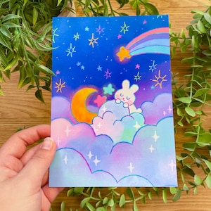 Bunny Clouds Cat 5x7" Print | Moon Rabbit and Stars Art Print