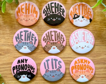 Cat Pronoun Button Pins | Pride Pins, Ally Pin, Trans Pride, Queer Button Pins