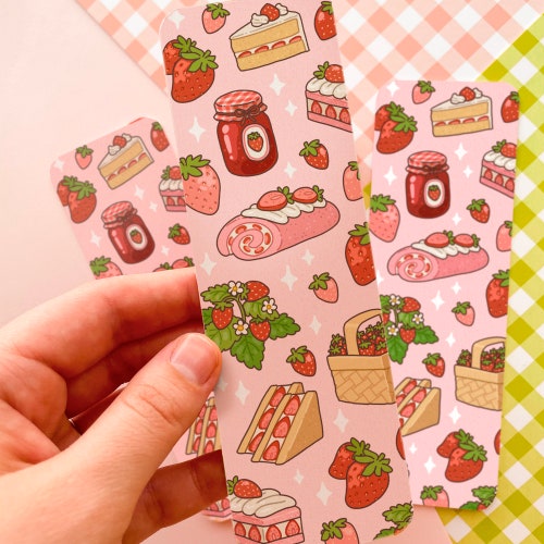 Kawaii Strawberry Pink Bookmark Book Lover Bookworm Study Etsy