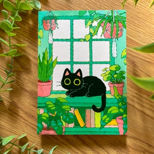 Black Cat with Plants Print | Houseplants Kitty Art Print