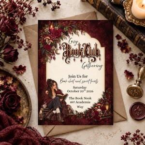 Może przedstawiać: Prostokątne zaproszenie z ciemnoczerwoną ramką ozdobioną ilustracjami kwiatów i grzybów. Tekst brzmi: Cozy Book Club Gathering, Join Us for Book chat and sweet treats, Saturday October 20th 2026, The Book Nook 897 Academia Way.