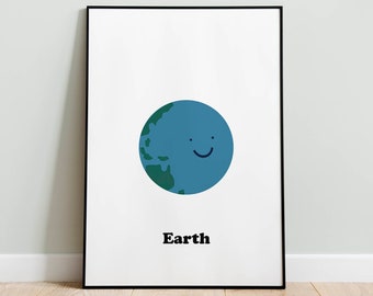 Planet Earth Print from Solar System to kids room decor. Instant download printable poster of our lovely planet. Cosmos themed room decor