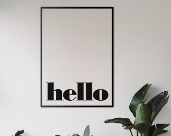 Hello Print para sala de estar. Hello Póster de descarga instantánea para actualizar tus espacios en estilo minimalista en blanco y negro