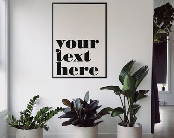 Texto personalizado en blanco y negro estampado para salón. Su propio texto monocromático como impresión artística para descarga instantánea y actualizar la decoración de su hogar