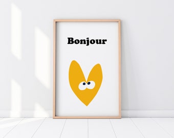 Bonjour Yellow Bright Kitchen Poster. Instant download printable. bright Kitchen print. Ready to frame 20 sizes. GIft for her. Colorful love